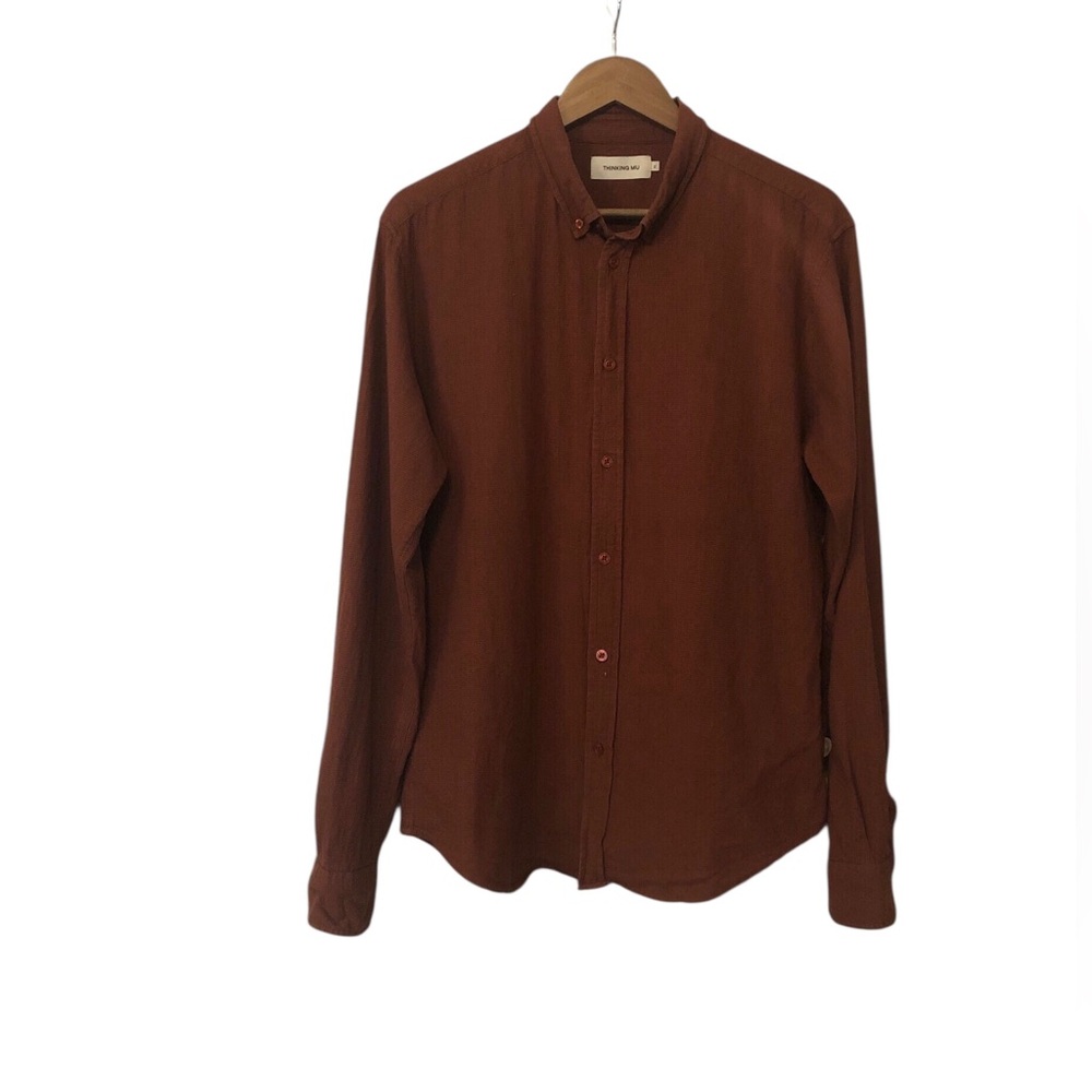 Thinking Mu Button Down Rust Red Shirt 100% Fair Trade Cotton